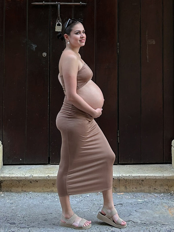 Skin Colour Two Piece Bodycon Maternity Photoshoot Maxi Dress