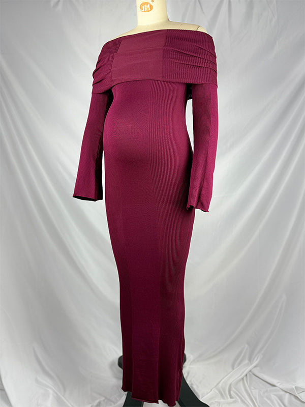 Momsmood Maroon Off Shoulder Solid Color Flare Sleeve Bodycon Elegant Photoshoot Baby Shower Maternity Maxi Dress