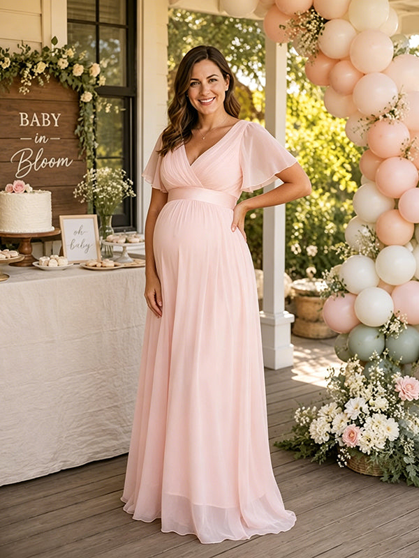 Elegant Pink Tulle Stretch Chiffon A-Line Flare Sleeve Maternity Maxi Dress