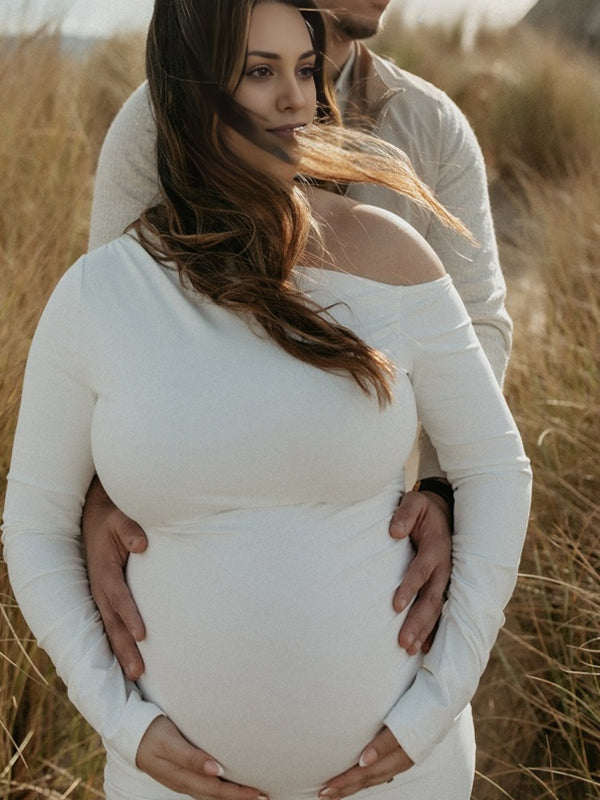 Momsmood Pink Oblique Shoulder Ruched Maternity Photoshoot Maxi Dress