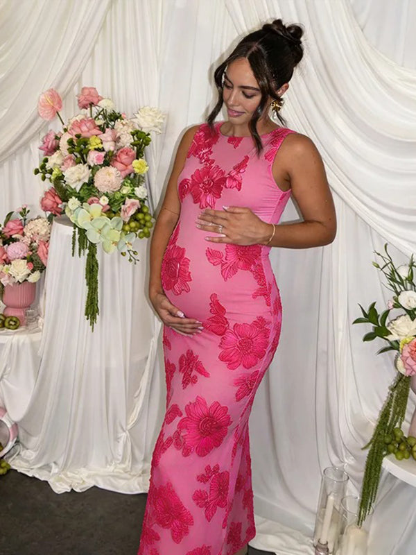 Red 3D Floral Appliqué Mesh Bodycon Maternity Maxi Dress