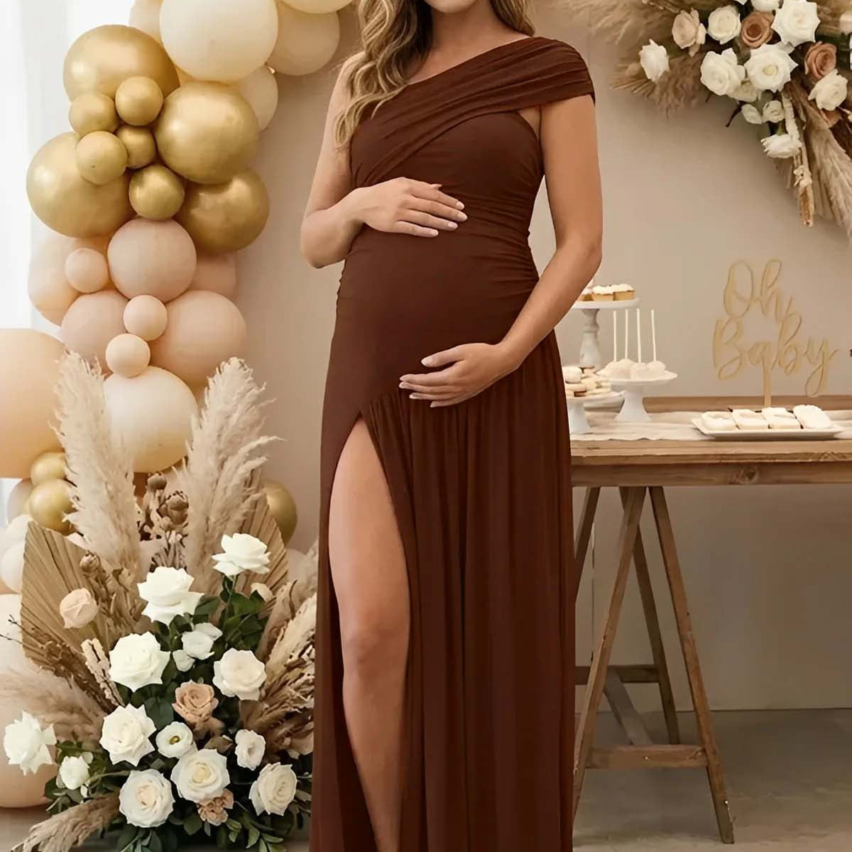 One Shoulder Ruched Side Slit Flowy Maternity Maxi Dress