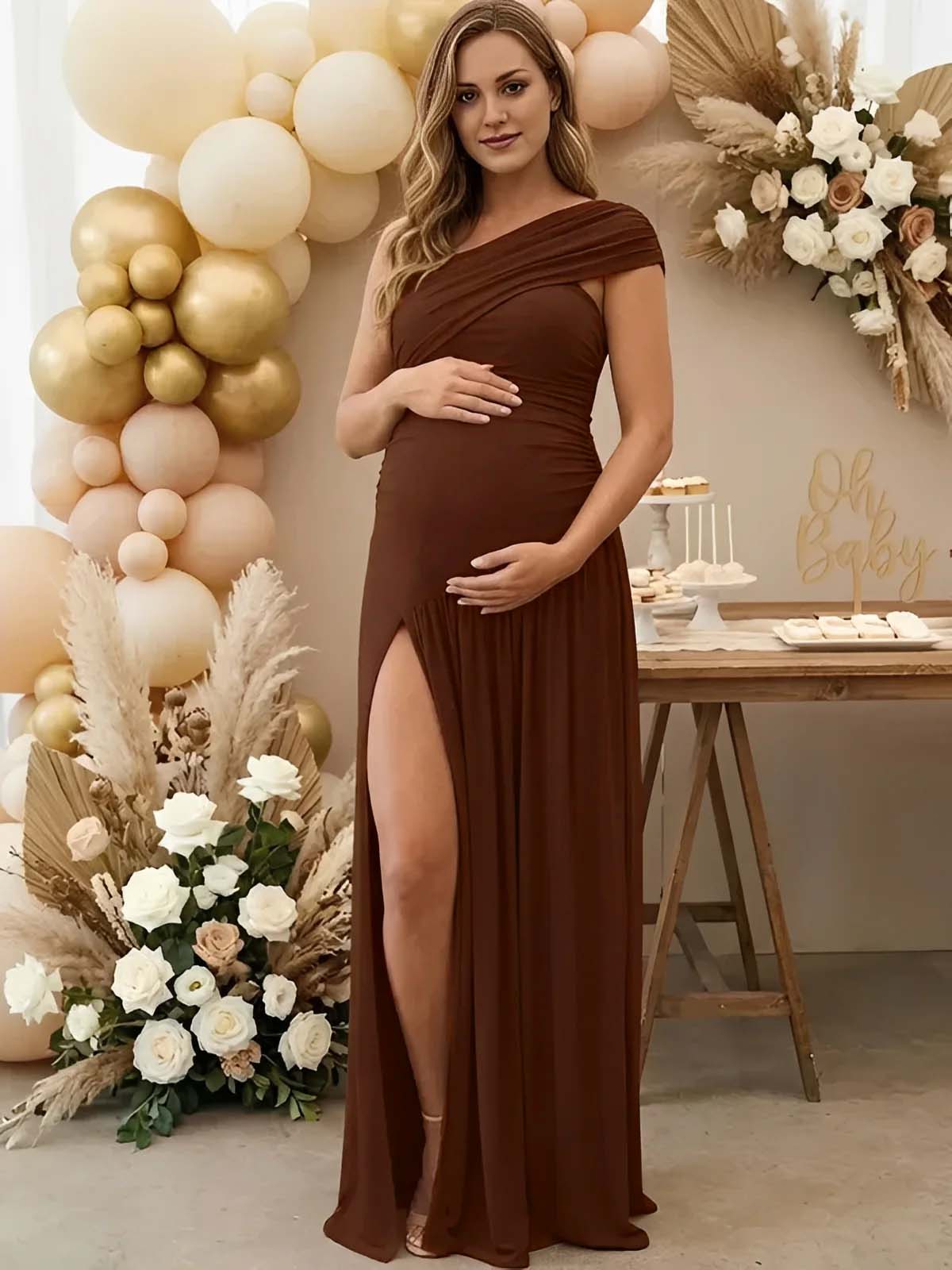 One Shoulder Maternity Maxi Dress For Baby Shower Wedding Guest Photoshoot Ruched Side Slit Flowy Momsmood