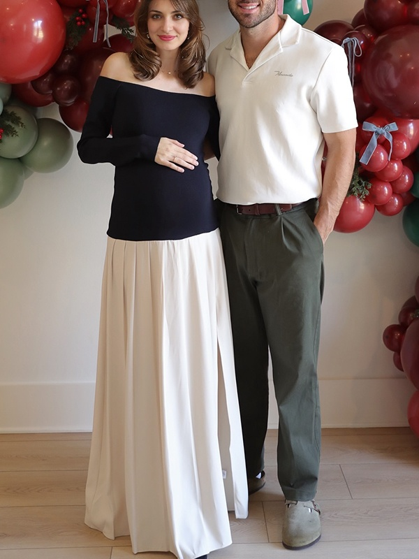 Momsmood Black Off Shoulder Slit Draped Hem Bodycon Banquet Ceremony Baby Shower Maternity Photoshoot Maxi Dress