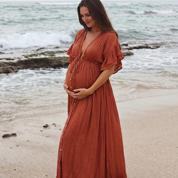 Momsmood Red Drawstring Single Breasted Ruffle Tie Back Maternity Photoshoot Maxi Dress