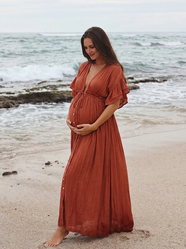 Momsmood Red Drawstring Single Breasted Ruffle Tie Back Maternity Photoshoot Maxi Dress