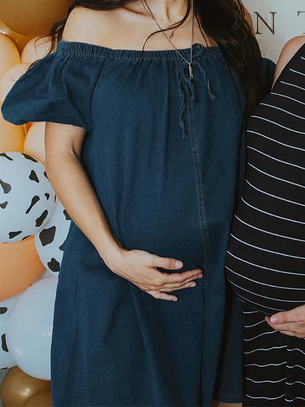 Dark Blue Denim Pockets Bow Baby Shower Maternity Mini Dress
