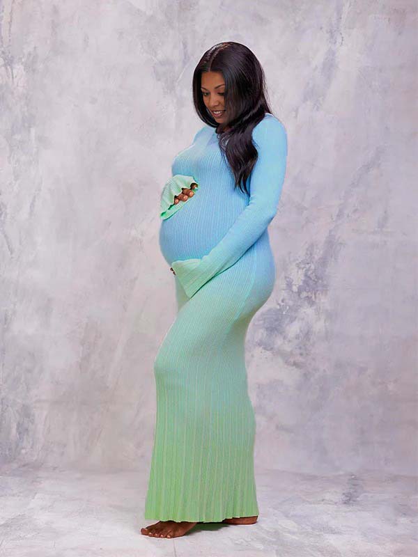 Momsmood Light Blue Hit Color Flare Sleeve Mermaid Elegant Photoshoot Baby Shower Maternity Maxi Sweater Dress