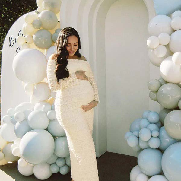 Momsmood Beige Lace Off Shoulder Ruffle Falbala Bodycon Elegant Maternity Baby Shower Maxi Dress