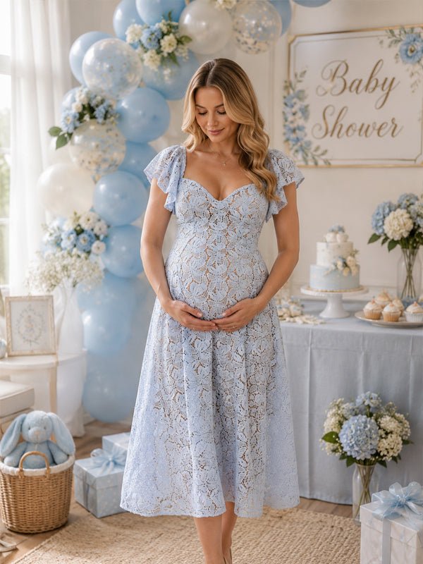 Lace High Waisted Backless Puff Sleeve A-Line Maternity Midi Dress