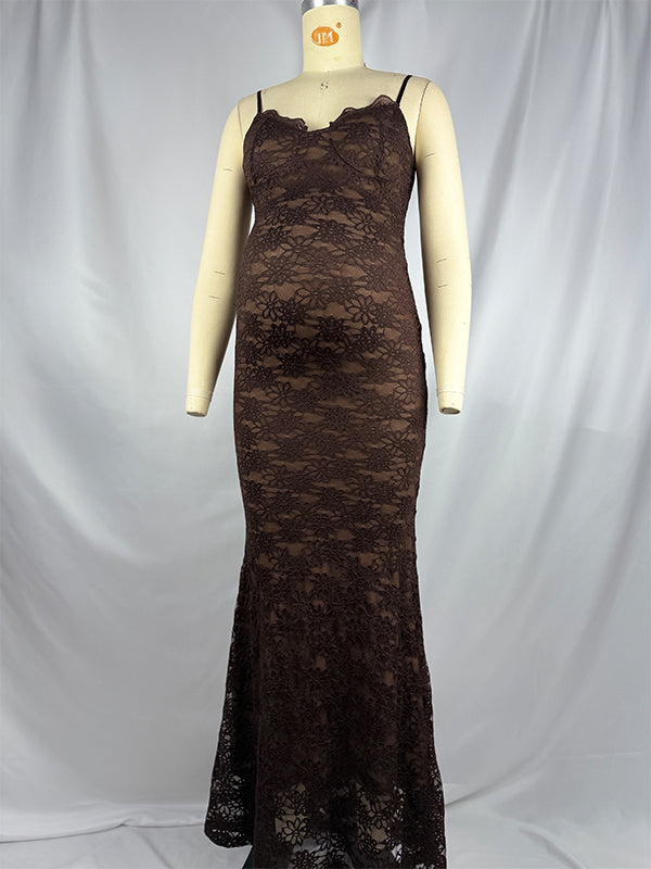 Momsmood Coffee Lace Hollow Out Cami V-neck Maternity Maxi Dress