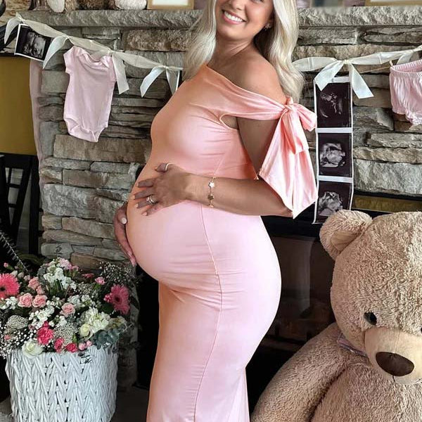 Momsmood Pink Bowknot One Shoulder Elegant Maternity Baby Shower Maxi Dress