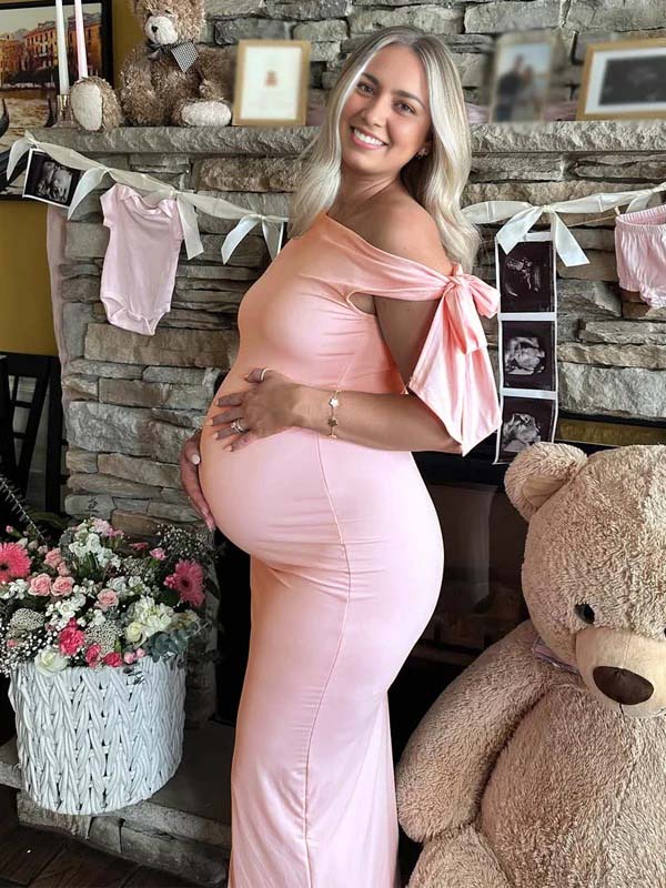 Momsmood Pink Bowknot One Shoulder Elegant Maternity Baby Shower Maxi Dress
