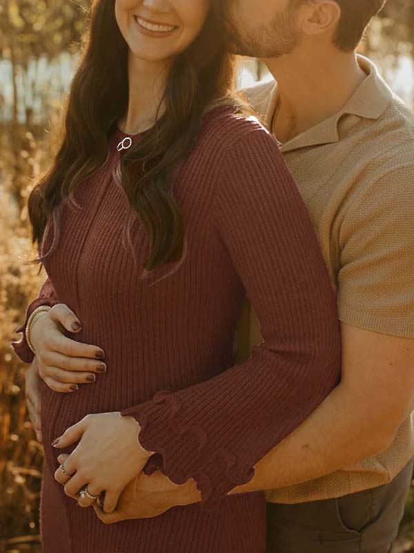 Momsmood Brown Knit Ruffle Backless Flare Sleeve Maternity Maxi Dress