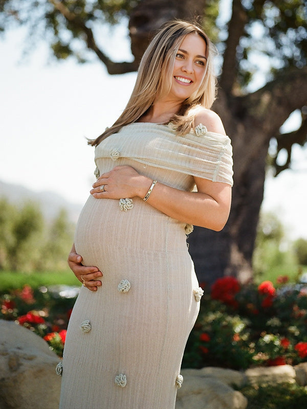 Momsmood Matcha Knit 3D Flowers Off Shoulder Elegant Maternity Maxi Dress