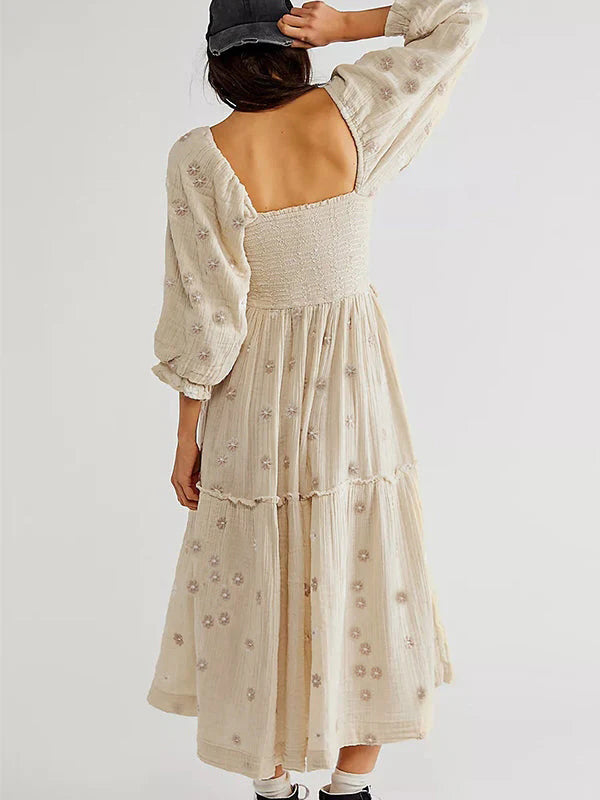 Momsmood Apricot Daisy Print Smocked Off Shoulder Ruffle Big Swing Elegant Vacation Maternity Photoshoot Baby Shower Party Maxi Dress