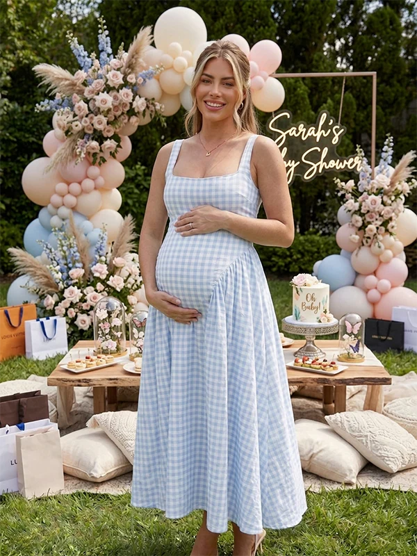 Momsmood Plaid Tank A-line Elegant Maternity Baby Shower Maxi Dress