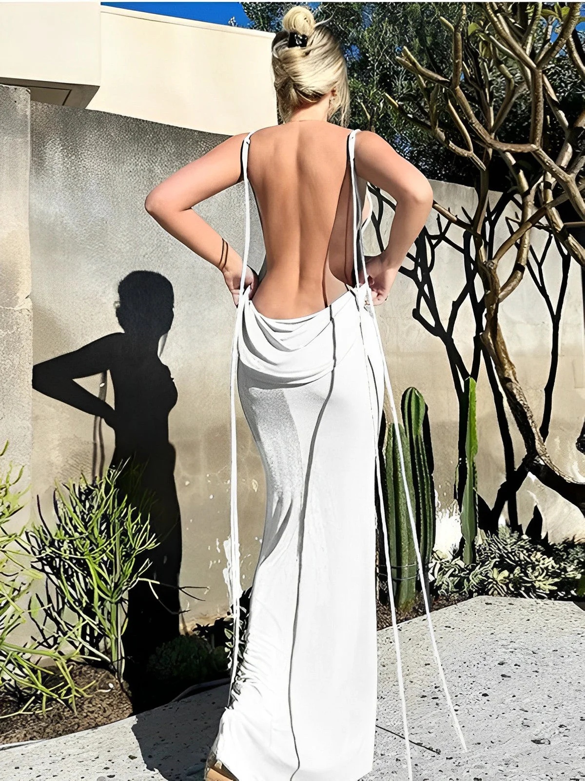 Momsmood White Bodycon Backless Draped Spaghetti Strap Lace Up Photoshoot Party Maternity Maxi Dress