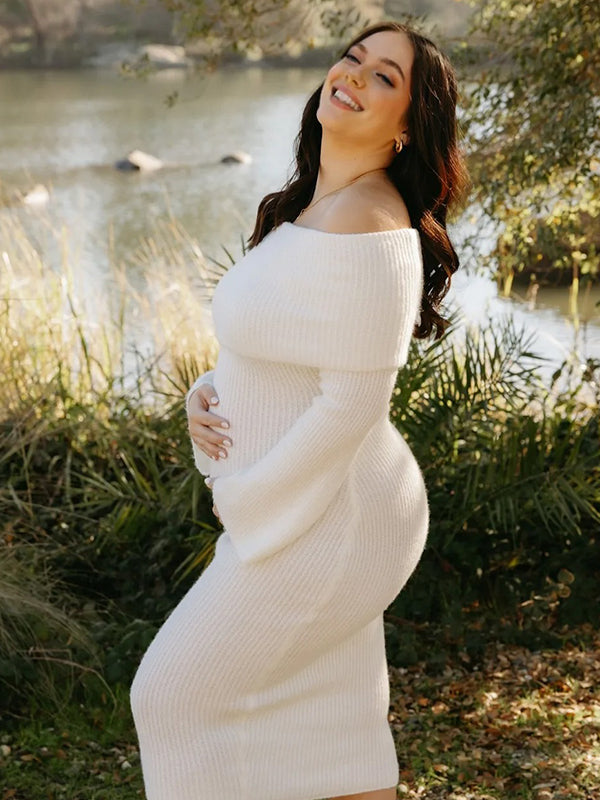 Momsmood Off Shoulder Knit Bodycon Mermaid Going Out Baby Shower Maternity Sweater Maxi Dress