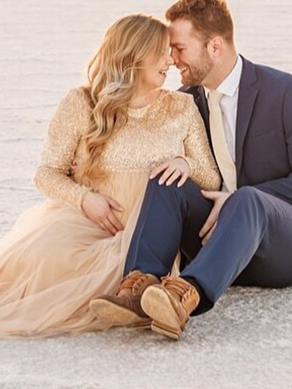 Momsmood Champion Sequin Tulle Splicing Long Sleeve Party Gown Photoshoot Maternity Baby Shower Maxi Dress