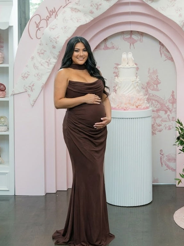Brown Mesh Ruched Strapless Bodycon Maternity Maxi Dress