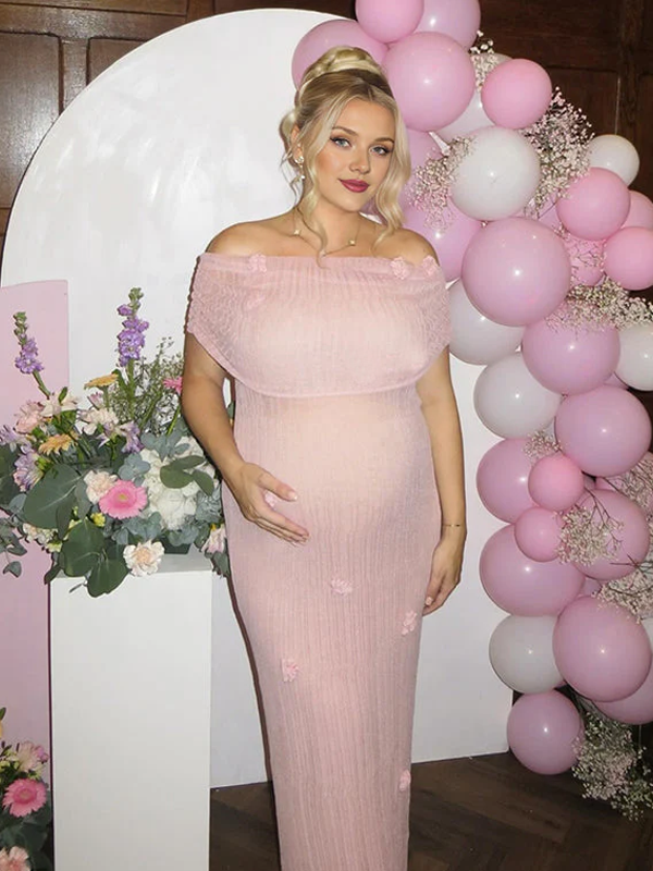 Momsmood Grenadine Off Shoulder 3D Flowers Bodycon Elegant Photoshoot Baby Shower Maternity Maxi Dress