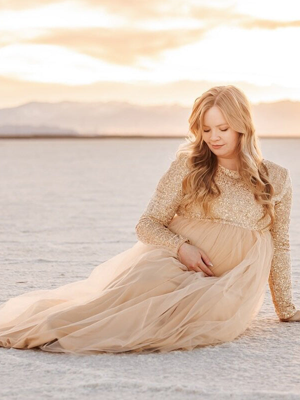 Momsmood Champion Sequin Tulle Splicing Long Sleeve Party Gown Photoshoot Maternity Baby Shower Maxi Dress