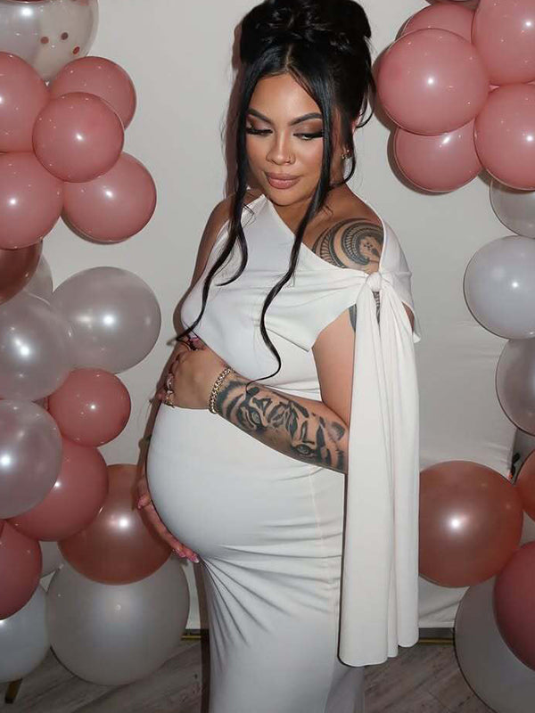 Momsmood Strap Ties One Shoulder Mermaid Bodycon Elegant Photoshoot Baby Shower Maternity Maxi Dress