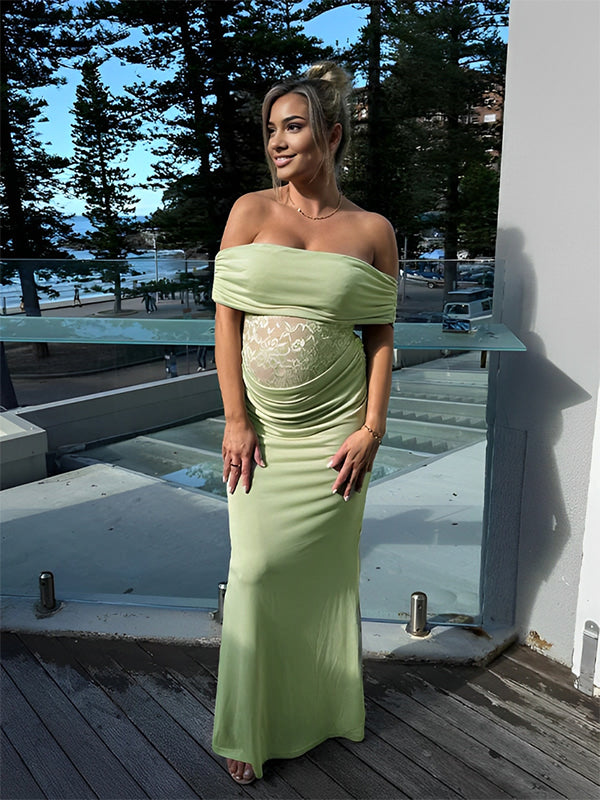 Momsmood Green Off Shoulder Lace Sheer Splicing Ruched Baby Shower Maternity Maxi Dress