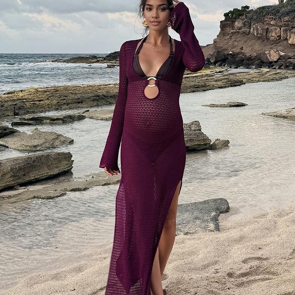Momsmood Purple Skeleton Metal Decoration Side Slit Beach Vacation Baby Shower Maternity Photoshoot Maxi Dress