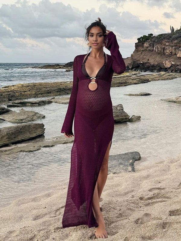 Momsmood Purple Skeleton Metal Decoration Side Slit Beach Vacation Baby Shower Maternity Photoshoot Maxi Dress