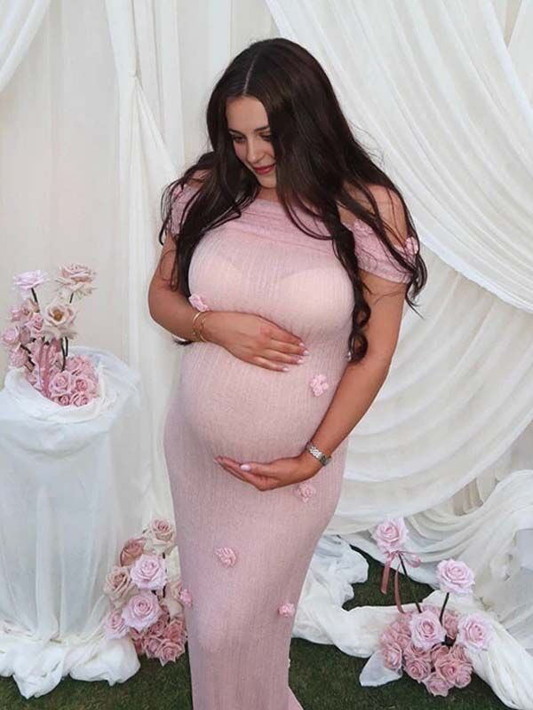 Momsmood Grenadine Off Shoulder 3D Flowers Bodycon Elegant Photoshoot Baby Shower Maternity Maxi Dress