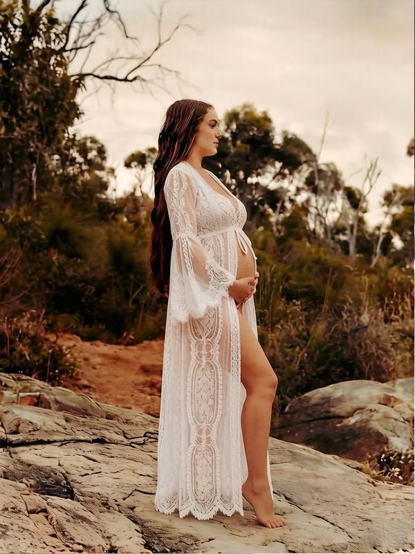 White Boho Lace Maternity Cover-Up Midi Dress