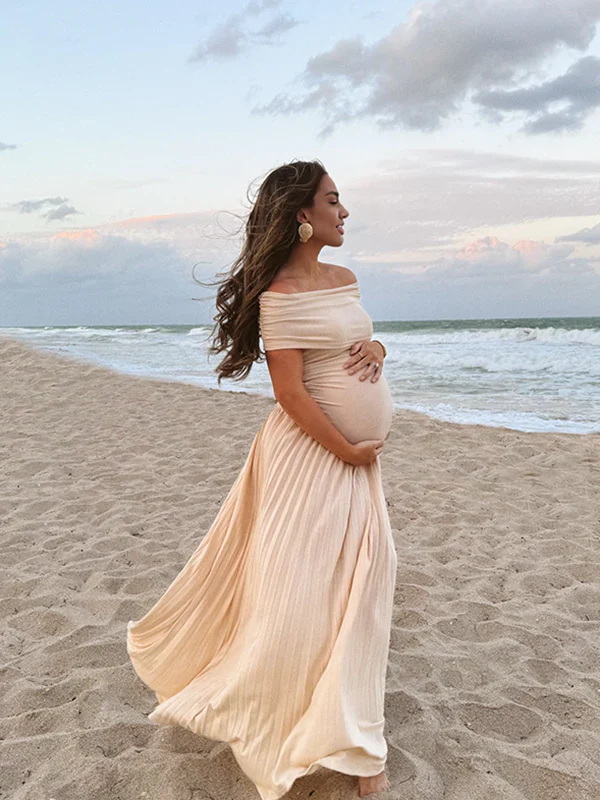 Apricot Off Shoulder Drop Waist Maternity Maxi Dress