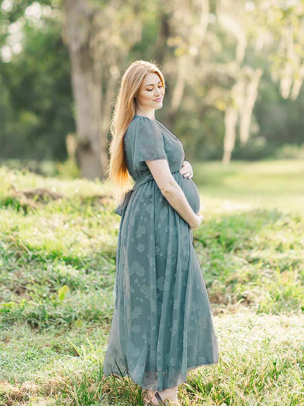 Momsmood Blue Floral Wrap Side Slit Big Swing Elegant Baby Moon Going Out Boho Maternity Photoshoot Baby Shower Maxi Dress