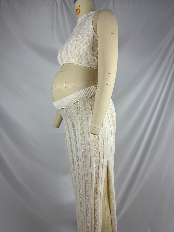 Momsmood 2-in-1 Knit Side Slit Sheer Beach Vacation Maternity Maxi Dress