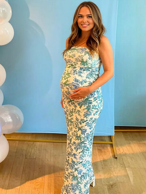 Blue Floral Strapless Bodycon Maternity Maxi Dress