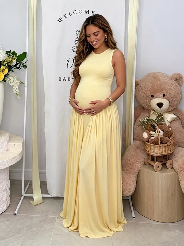 Round Neck Ruched Draped Curved drop waist Bodycon Maternity Maxi Dress