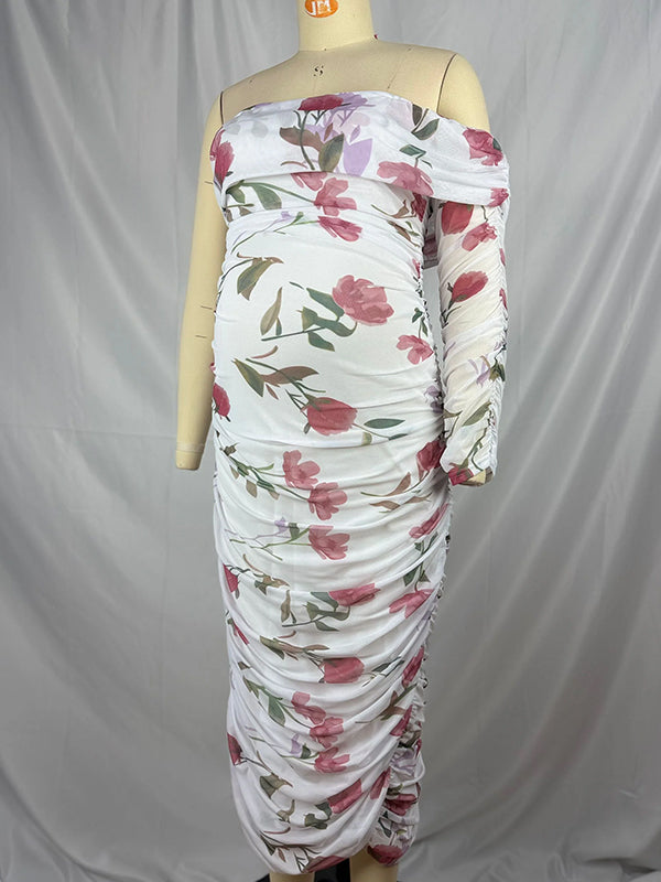 Momsmood White Off-Shoulder Stamp Duty Side Slit  Single Sleeve Ruched Banquet Ceremony Baby Shower Maternity Photoshoot Midi Dress