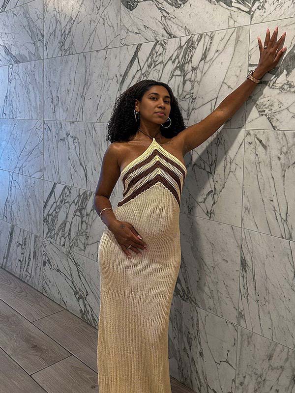 Momsmood Apricot Halter Neck Striped Bodycon Beach Vacation Maternity Photoshoot Maxi Dress