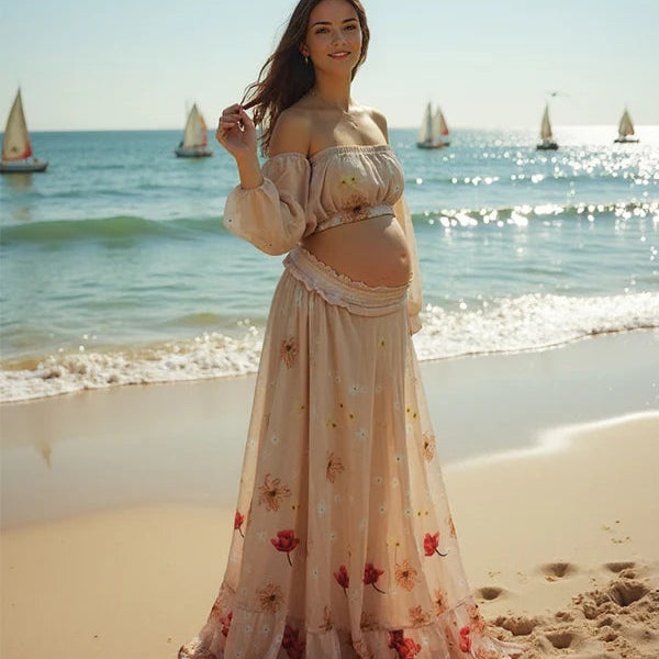 Momsmood Two Piece Boho Flower Embroidery Boho Off Shoulder Grenadine Crop Bandeau Photoshoot Maternity Maxi Dress