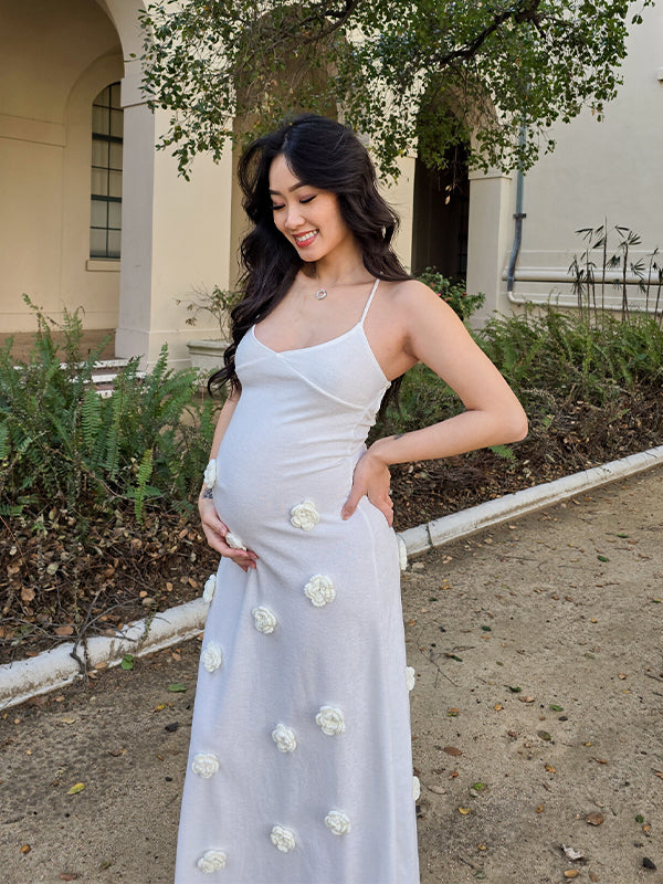 Momsmood White Halter Neck Backless 3D Flowers Crochet Mermaid Bodycon Elegant Baby Shower Maternity Maxi Dress