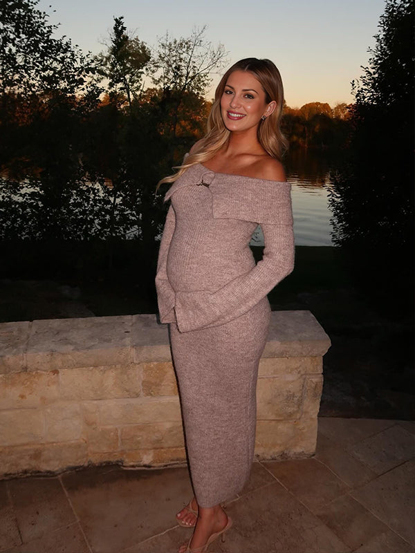 Momsmood Off Shoulder Fluffy Knit Bardot Neckline Flare Sleeve Bodycon Elegant Going Out Party Maternity Photoshoot Baby Shower Maxi Sweater Dress