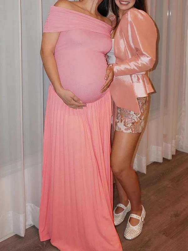 Momsmood Pink Off Shoulder Plated Ruched Big Swing Elegant Maternity Maxi Dress