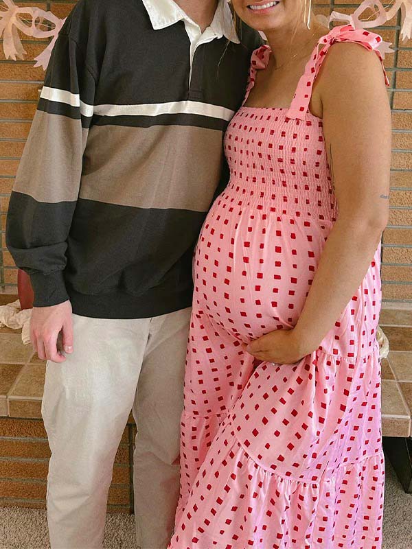Momsmood Bow Smocked Polka Dot Flowy Gender Reveal Baby Shower Maternity Maxi Dress