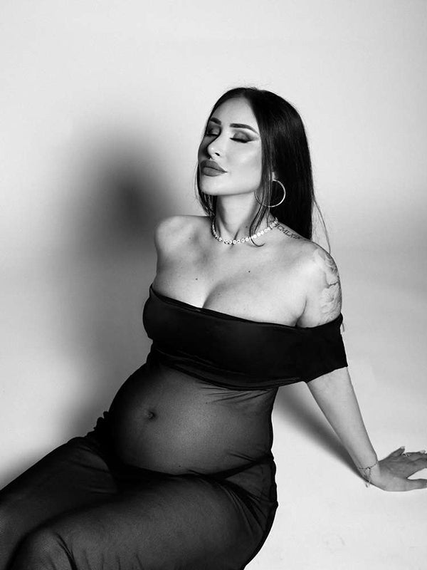 Momsmood Black Off Shoulder Mesh Sheer Bodycon Elegant Photoshoot Gown Maternity Maxi Dress