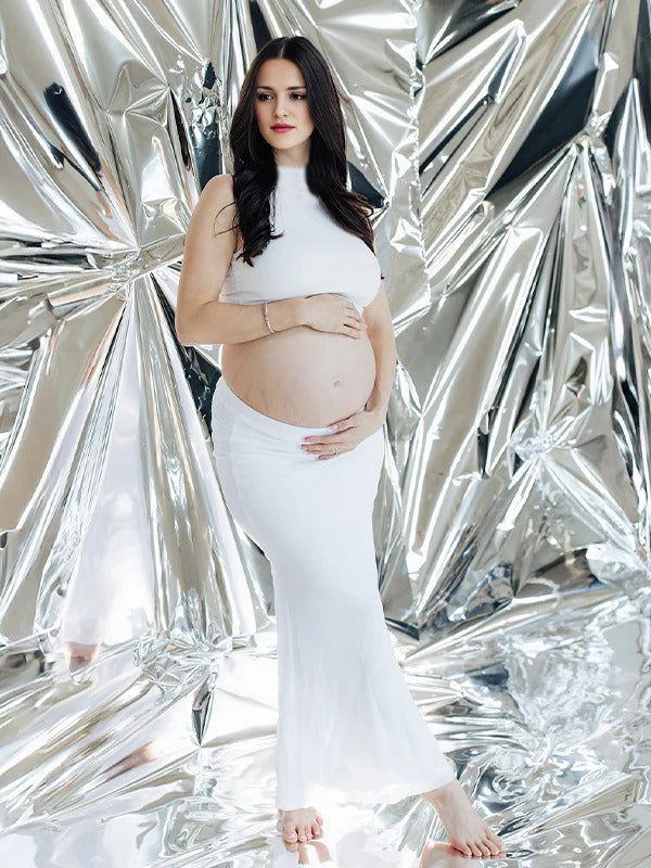 White Round Neck Two Piece Maternity Photoshoot Maxi Dress