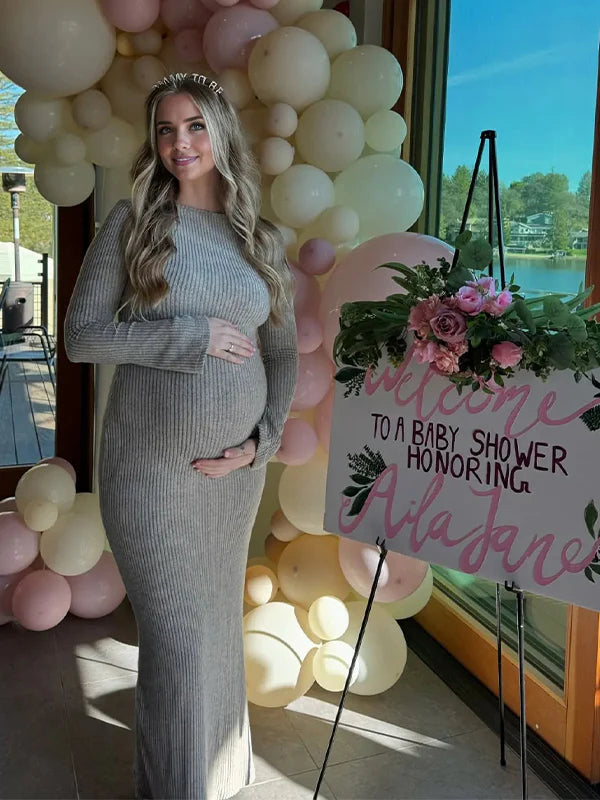 Momsmood Camel Knit Flare Sleeve Photoshoot Maternity Maxi Sweater Dress