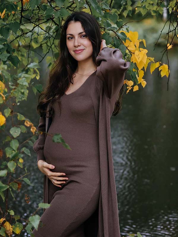 Momsmood Dark Brown 2 Pieces Knit Baby Shower Maternity Maxi Sweater Dress