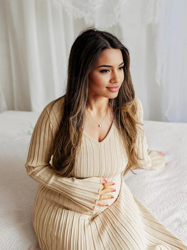Momsmood Knit Pleated Big Swing V-neck Plus Size Sweater Elegant Going Out Maternity Photoshoot Baby Shower Maxi Dress